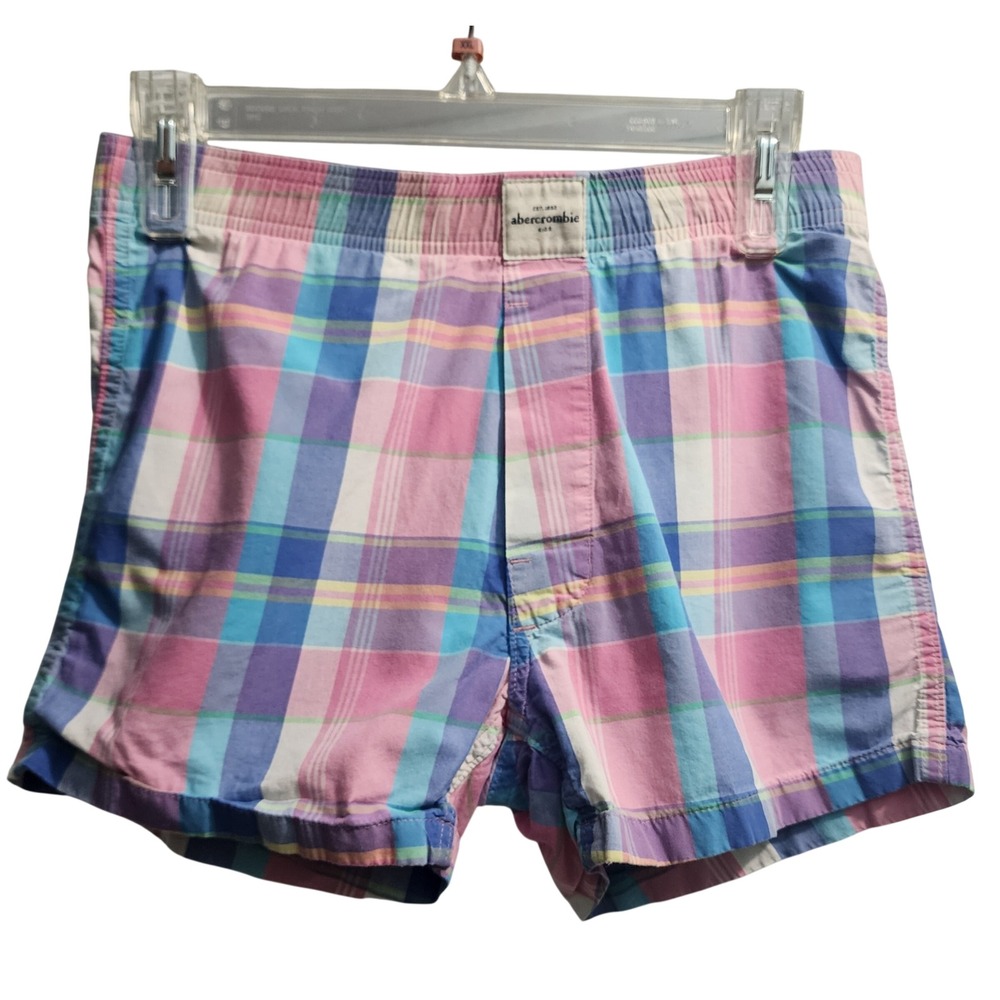 Abercrombie Girls Large Pastel Plaid Woven  Shorts‎ Pink Blue Cotton